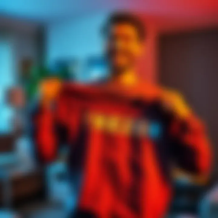 Person holding TREZOR shirt and sweater excitedly in front of a home backdrop
