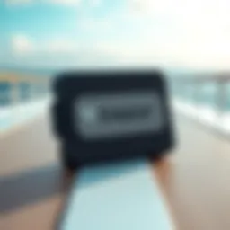 A Trezor hardware wallet placed on a cruise ship deck with the ocean in the background, symbolizing travel and cryptocurrency security.