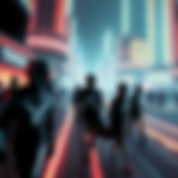 A vibrant scene from Tron Legacy showcasing its futuristic neon city and characters in sleek costumes.