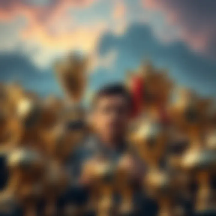 A juxtaposed landscape of trophies and a weary individual, symbolizing the paradox of success. Trophies surrounded by a fatigued person, illustrating the struggle of constant achievement.