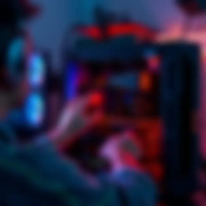 Troubleshooting PC with No Signal A person checking their computer setup with a monitor displaying no signal error, while the PC fans are still running.