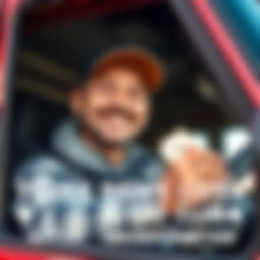 A happy truck driver smiling and holding a dollar sign, symbolizing financial achievement and positive transformation after engaging in activities