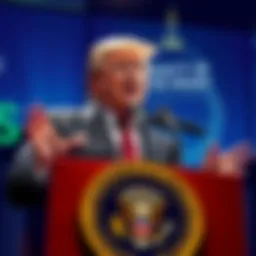 Former President Trump speaking at a podium, urging the Senate to support the CLARITY Act as cryptocurrency transactions increase.