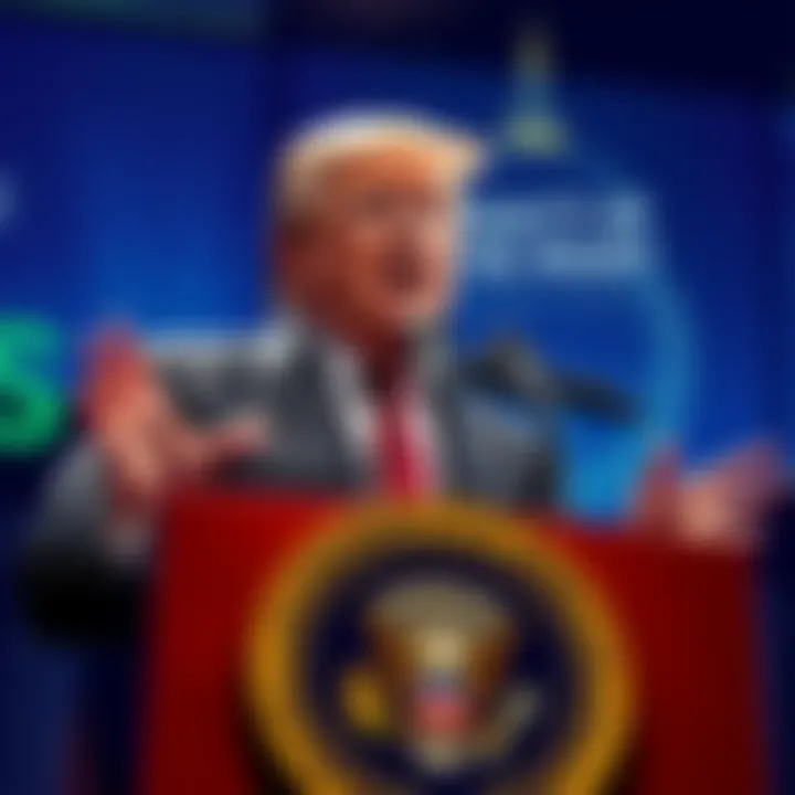 Former President Trump speaking at a podium, urging the Senate to support the CLARITY Act as cryptocurrency transactions increase.
