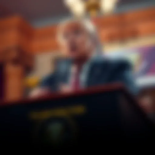 President Trump speaking about cryptocurrency legislation and banks at a podium