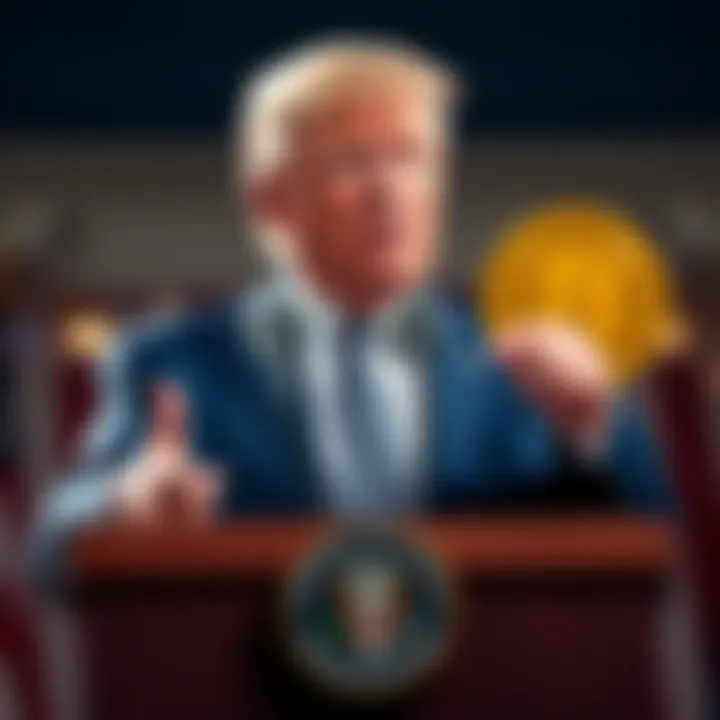 President Trump speaking at a podium, pointing at a bank logo, highlighting concerns about cryptocurrency legislation delays.