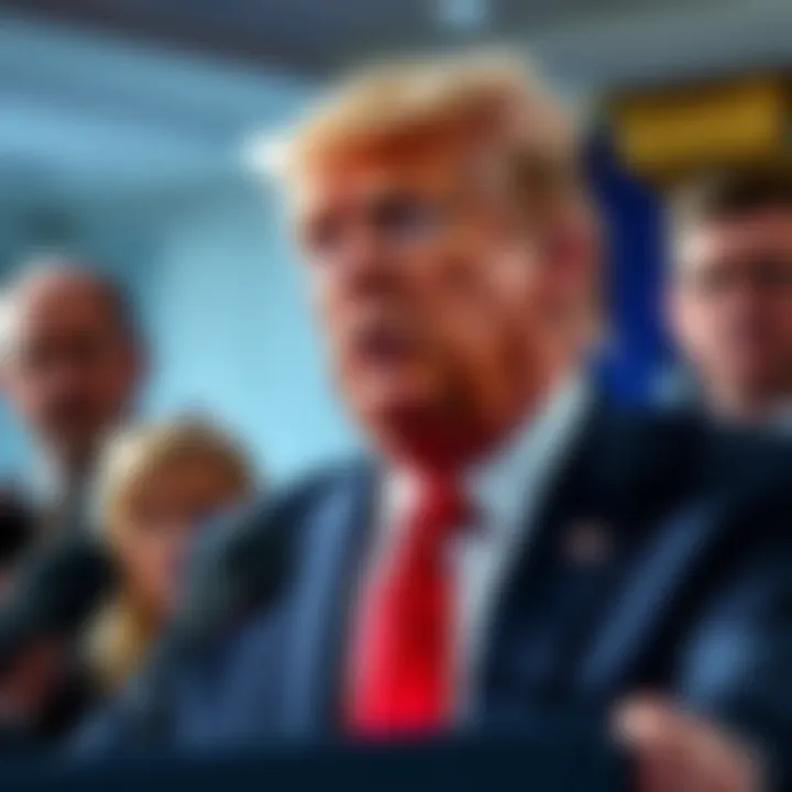 President Trump speaking at a podium about stablecoin regulations, with a focused expression and reporters in the background.