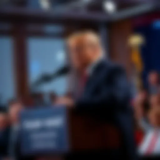 President Trump at a podium during a press conference, discussing his presence during the 9/11 attacks, with a concerned audience in the background.
