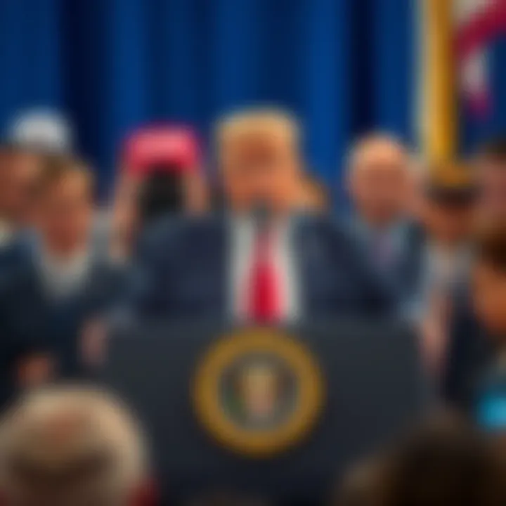 Donald Trump at a podium addressing the public with a serious expression, surrounded by media and supporters