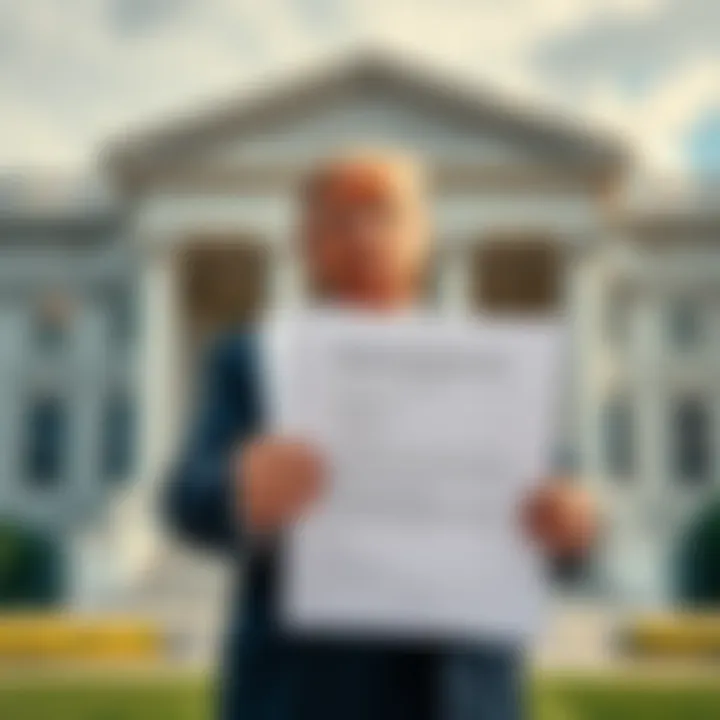 President Trump standing in front of a courthouse holding legal papers, representing the defamation lawsuit against Justin Sun.