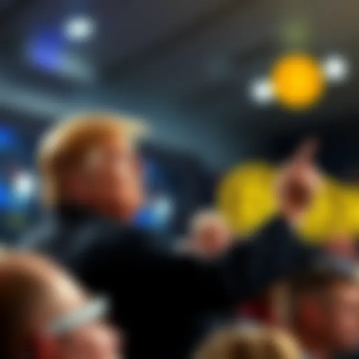 President Trump speaking to an audience about economic forecasts, emphasizing a potential market wave, with visual elements indicating gold and Bitcoin price changes.