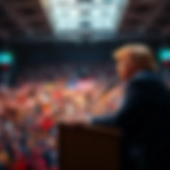 President Trump speaking at a large campaign rally with supporters cheering in the background.