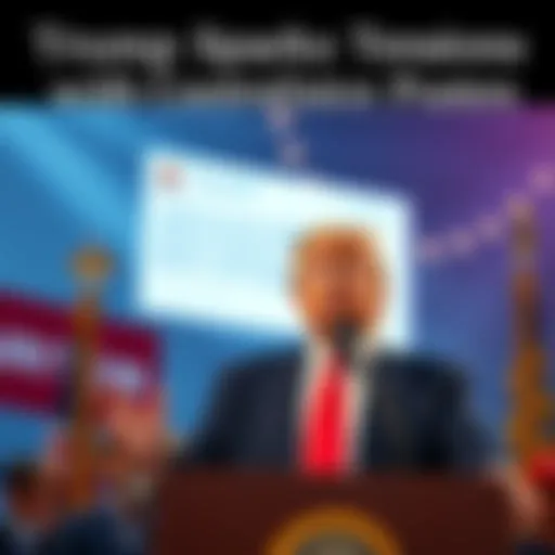 Donald Trump at a podium with a social media graphic in the background, showing a controversial message that has stirred international tensions