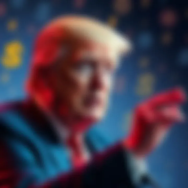 A depiction of Trump discussing the potential use of cryptocurrency for USA bond payments, with a backdrop of economic symbols like dollar signs and cryptocurrency logos.