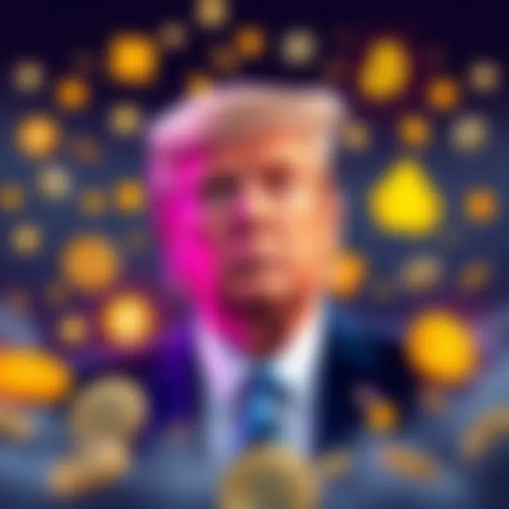 Trump and Crypto Connections Illustration showing President Trump surrounded by cryptocurrency symbols, representing his ties to the crypto sector and concerns about political corruption.