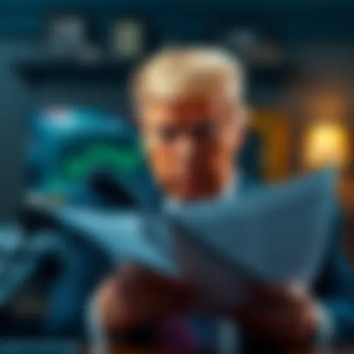 Trump looking concerned while reviewing financial documents related to his $800 million crypto gains