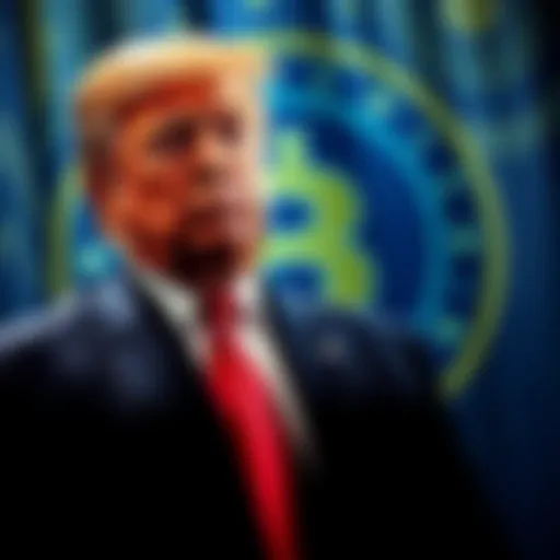 Former President Trump stands in front of a backdrop with a cryptocurrency symbol, pondering the impact of government funds on the crypto market.