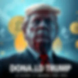 Donald Trump standing in front of various cryptocurrency symbols including Bitcoin and Ethereum, showcasing his influence on the crypto market.