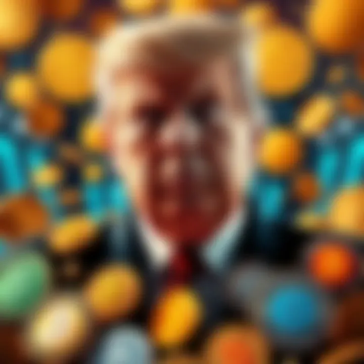 Donald Trump surrounded by various cryptocurrency symbols representing his ventures in 2025