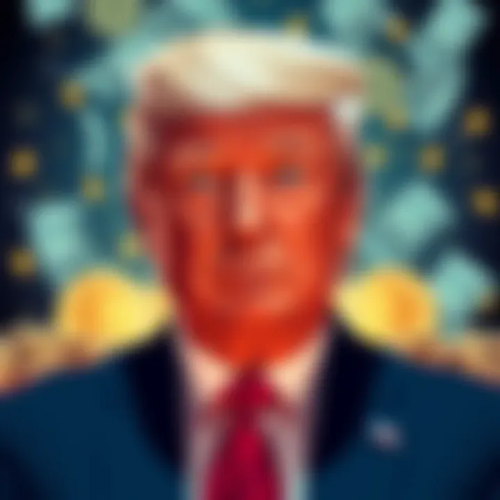 Illustration of President Trump with cryptocurrency symbols and money in the background, highlighting bribery allegations