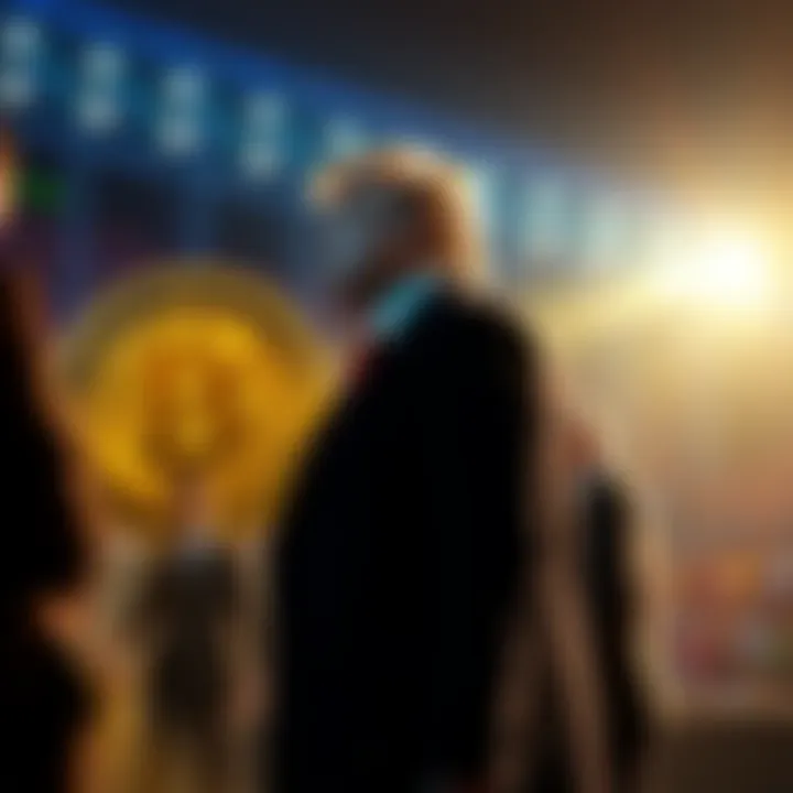 Donald Trump standing in front of a Bitcoin symbol, with people discussing his impact on the crypto market.