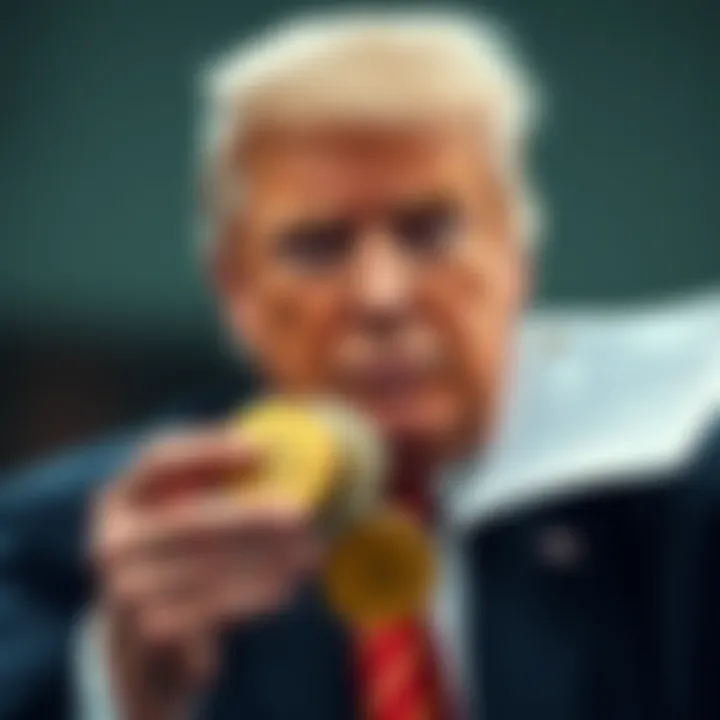 Former President Donald Trump with cryptocurrency coins and a regulatory document, symbolizing his financial gain and push for regulations.