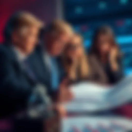 Donald Trump and family looking concerned over financial reports with graphs showing market decline