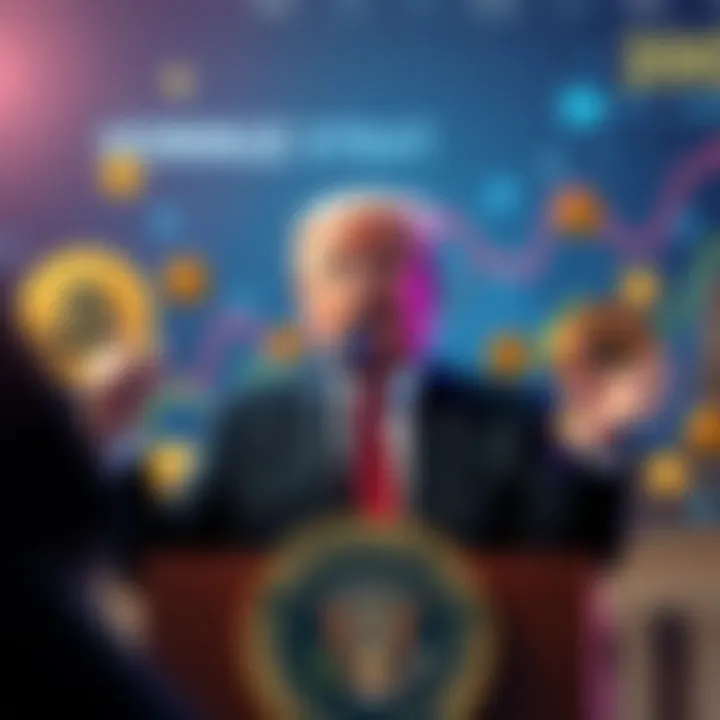 President Trump speaking about the reopening of the Hormuz Strait with a backdrop of Bitcoin symbols and upward market trends