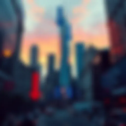 Decline of Trump Influence A Wall Street skyline with downward arrows symbolizing the decline of the Trump brand's influence in finance.