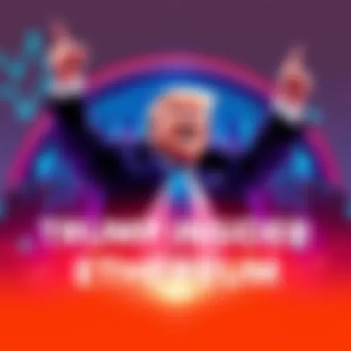 A visualization of a Trump insider celebrating a major investment in Ethereum, with a backdrop of cryptocurrency graphics