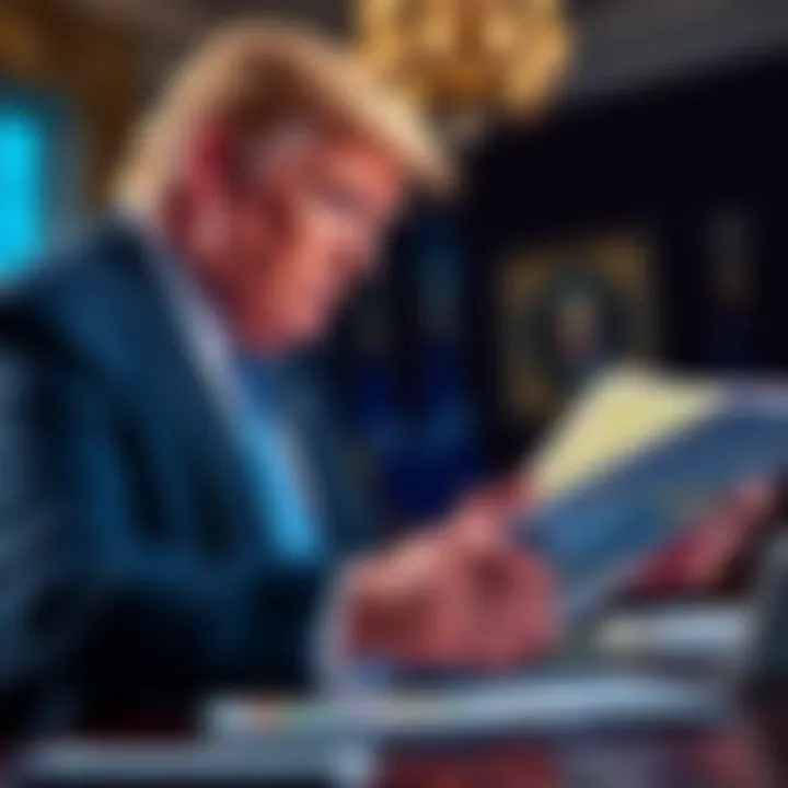 President Trump looks at maps and data while considering land purchases in a meeting.
