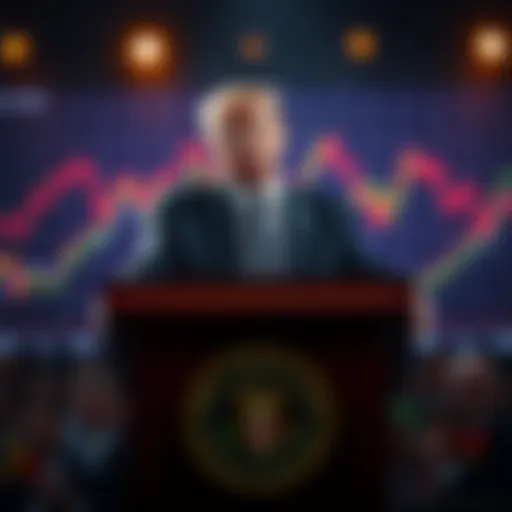 Donald Trump speaking at a podium with graphs depicting market trends in the background