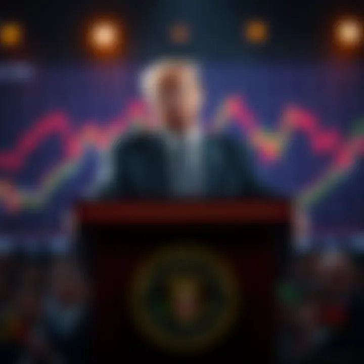 Donald Trump speaking at a podium with graphs depicting market trends in the background