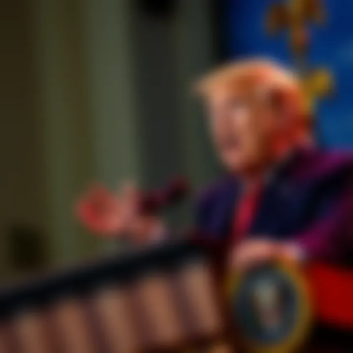 Trump speaking at a podium President Trump expresses his criticism of the Federal Reserve during a press conference, highlighting his stance on interest rates.