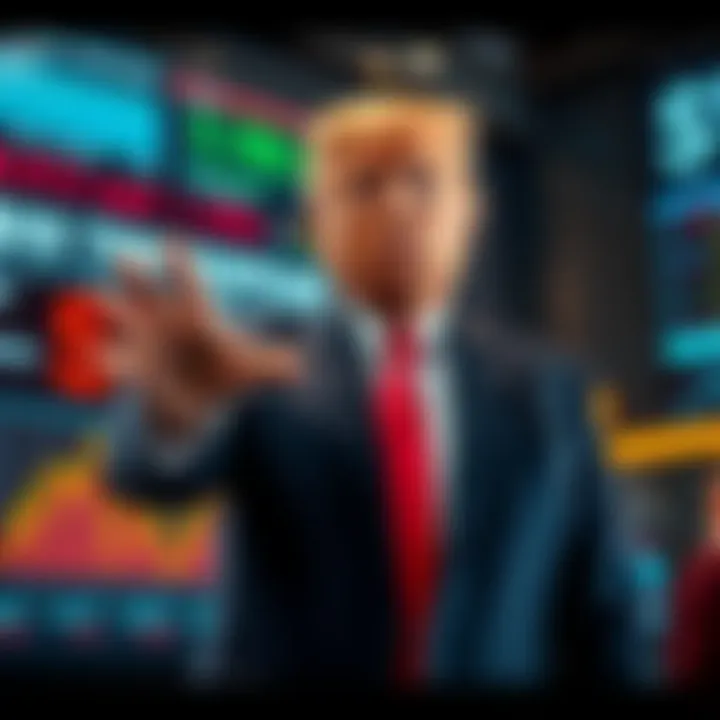 Donald Trump promoting a new subscription service for Wall Street firms on a digital screen, with a financial theme