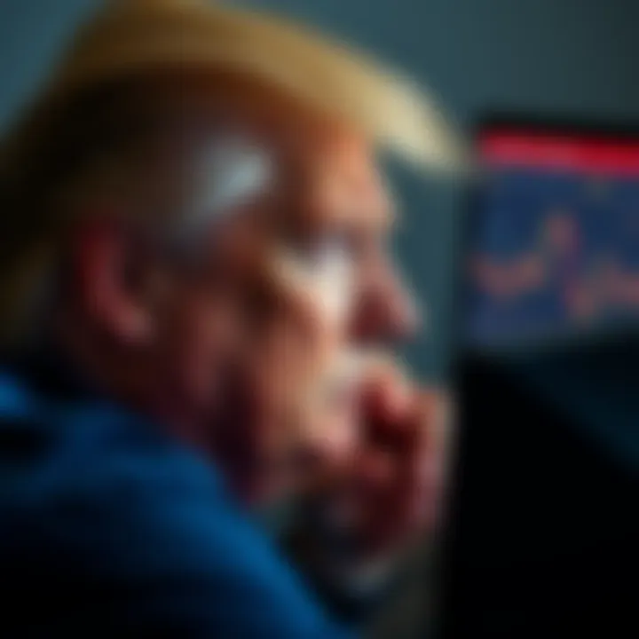 A worried Trump supporter staring at a computer screen showing cryptocurrency losses, symbolizing the impact of cryptoscams.