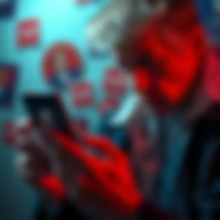 A distraught individual holding a phone showing a cryptocurrency loss, with Trump campaign stickers visible in the background, symbolizing the personal impact of a cryptoscam.