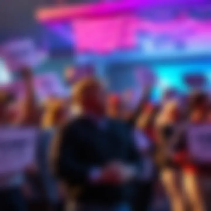 A group of Trump supporters holding signs and discussing their voting choices at a rally.