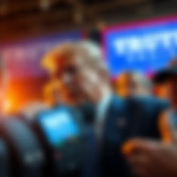 Trump Speaking on Truth Social Donald Trump passionately speaking into a camera on Truth Social, expressing strong opinions, surrounded by supporters and critics