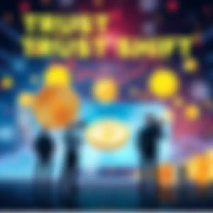 A visual representation of changing trust dynamics in cryptocurrency, with symbols of digital currency and people discussing over charts and graphs.