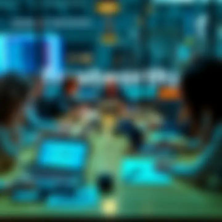 People discussing recommended sources for credible XRP news at a table with laptops and notepads