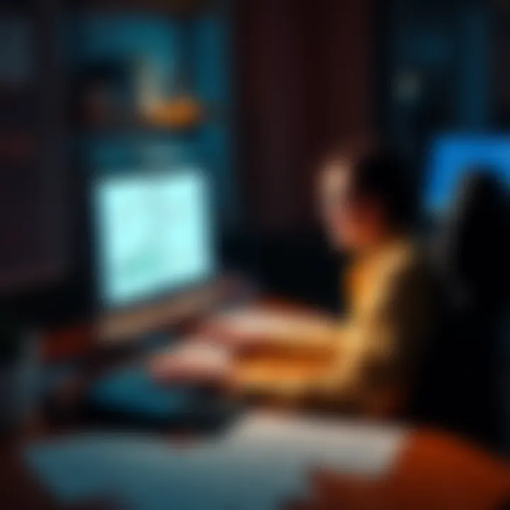 A person sitting at a desk using a computer with tax forms and charts around them, focusing on filing taxes efficiently.