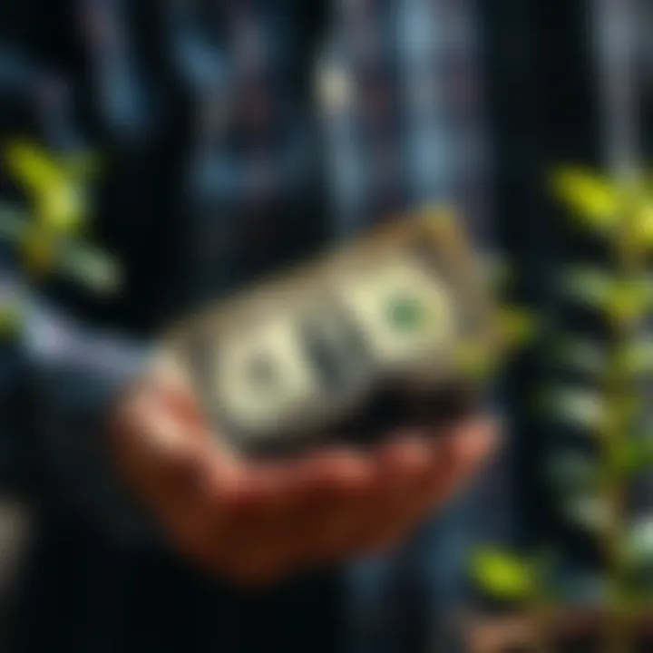 Turning a Dollar into Daily Income A person holding a dollar bill with plants growing around it, symbolizing financial growth and reinvestment.