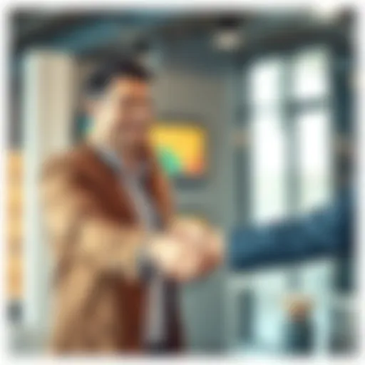 A man and a woman smiling while shaking hands, symbolizing connection and relationship building in a professional setting.