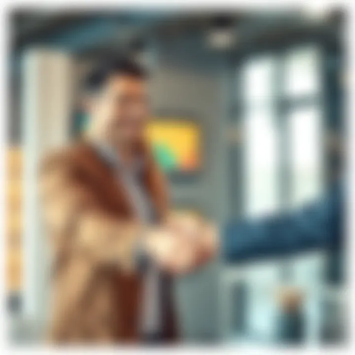 A man and a woman smiling while shaking hands, symbolizing connection and relationship building in a professional setting.