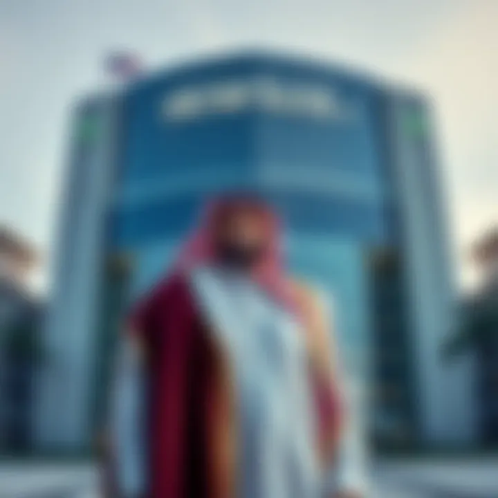 UAE Spy Sheikh with Trump's Crypto Bank A UAE spy sheikh stands in front of a large building representing Trump family's cryptocurrency bank, showcasing an influential connection in the finance sector.