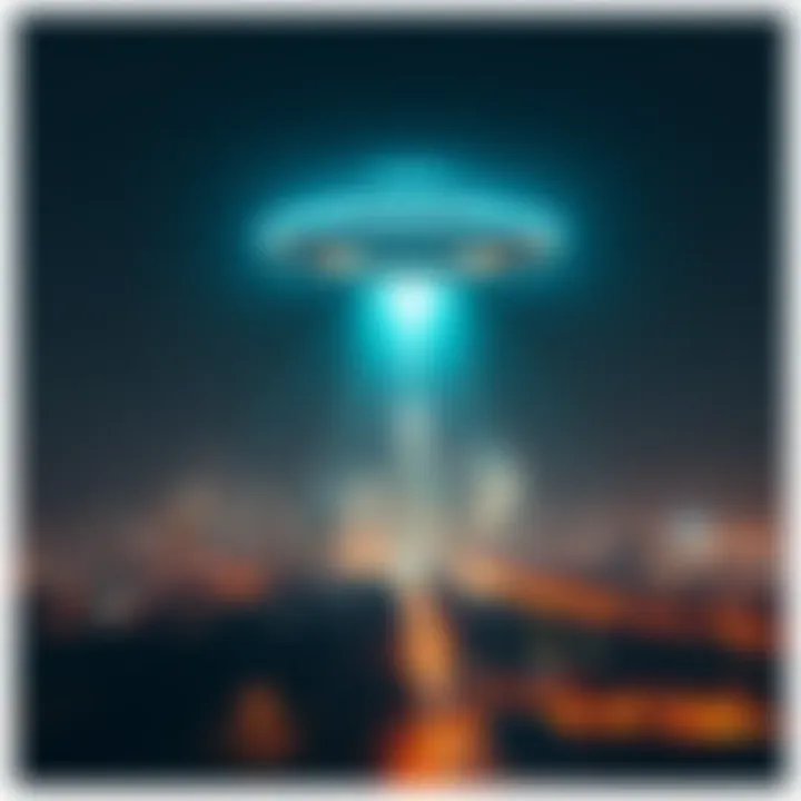 A glowing UFO in the night sky above a city, sparking curiosity among viewers on the ground.
