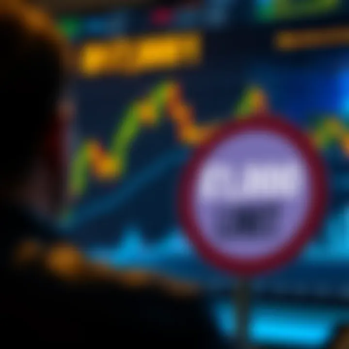 A graphic showing a person looking at a Bitcoin price chart with a £10,000 bank limit sign in the foreground