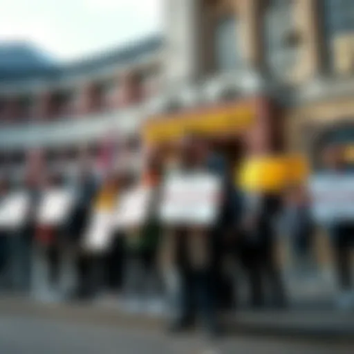 Group of UK investors standing outside London's High Court, holding signs against Binance and its CEO, Changpeng Zhao, regarding unregulated crypto products.