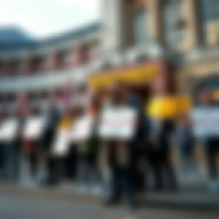 Group of UK investors standing outside London's High Court, holding signs against Binance and its CEO, Changpeng Zhao, regarding unregulated crypto products.